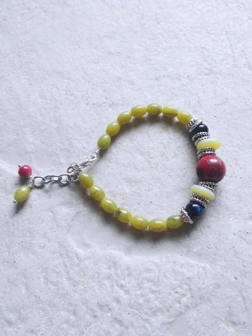 Handmade Eclectic Boho Bracelet - Semi-Precious Beads - Red Grape Green & Blue